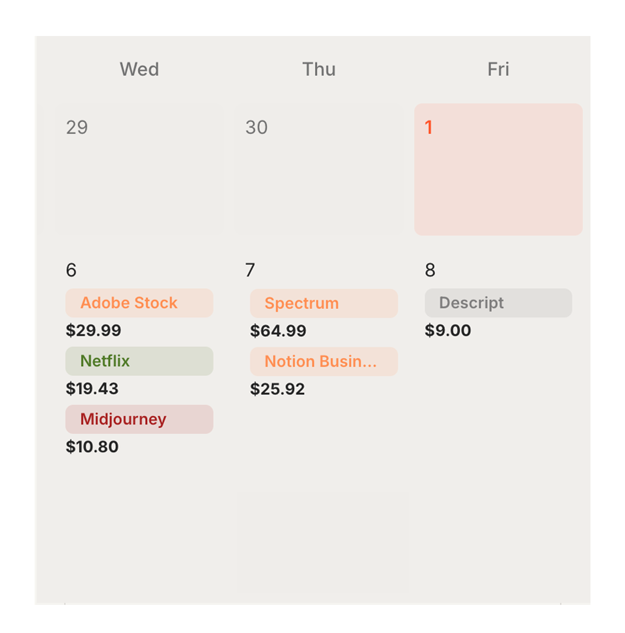 Countist calendar view showing Adobe Stock, Netflix, Midjourney, Spectrum, and Descript renewal dates