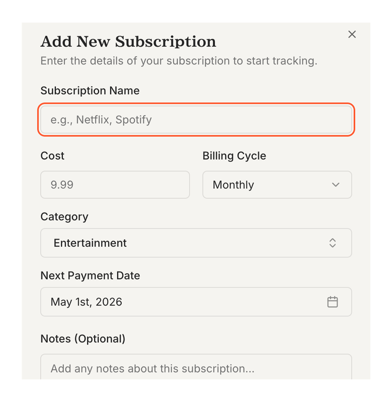 Countist Add New Subscription form — manual entry, no bank connection required